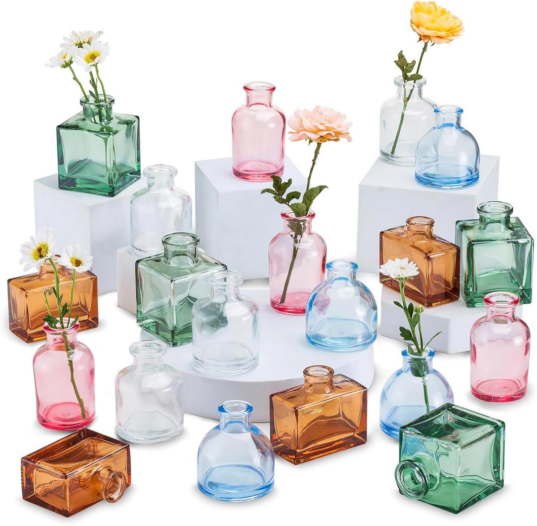 Small Glass Bud Vases for Centerpieces - Hewory 20pcs Colored Sturdy Cute Flower Vases Bulk, Mini Bottle Vase for Wedding Home Decor Birthday Party Events Mother's Day Bridal Shower Gifts Table Decor