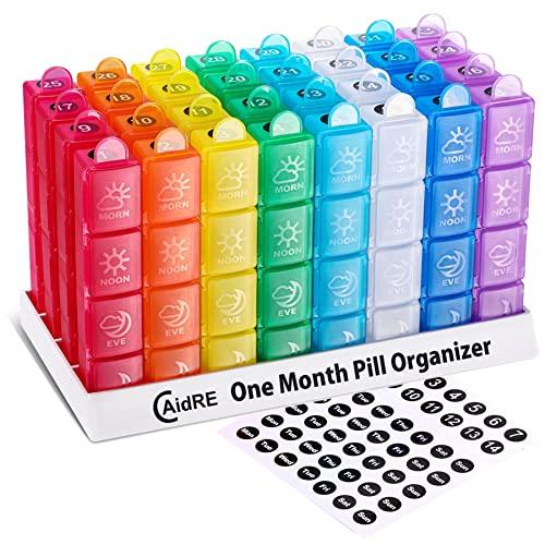 CAidRE Monthly Pill Organizer 4 Times A Day, One Month Pill Organizer, Monthly Pill Box Organizer with 32 Daily Compartments for Fish Oil, Vitamins, Supplements and Medications, 31 Day Pill Case
