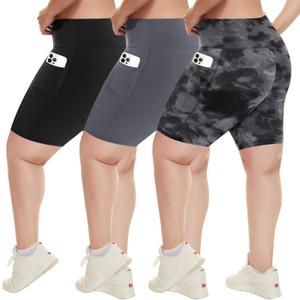 HLTPRO 3 Pack Plus Size Biker Shorts with Pockets for Women (S-4XL)- 8"/5"/3" High Waist Tummy Control Shorts for Yoga (XX-Large, Black/Gray/Black Tie Dye)