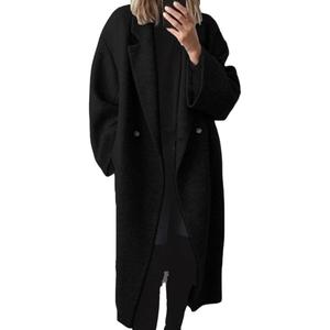 chouyatou Women's Winter Double Breasted Wool Coat Long Sleeve Notch Lapel Long Trench Coat (S, Black)