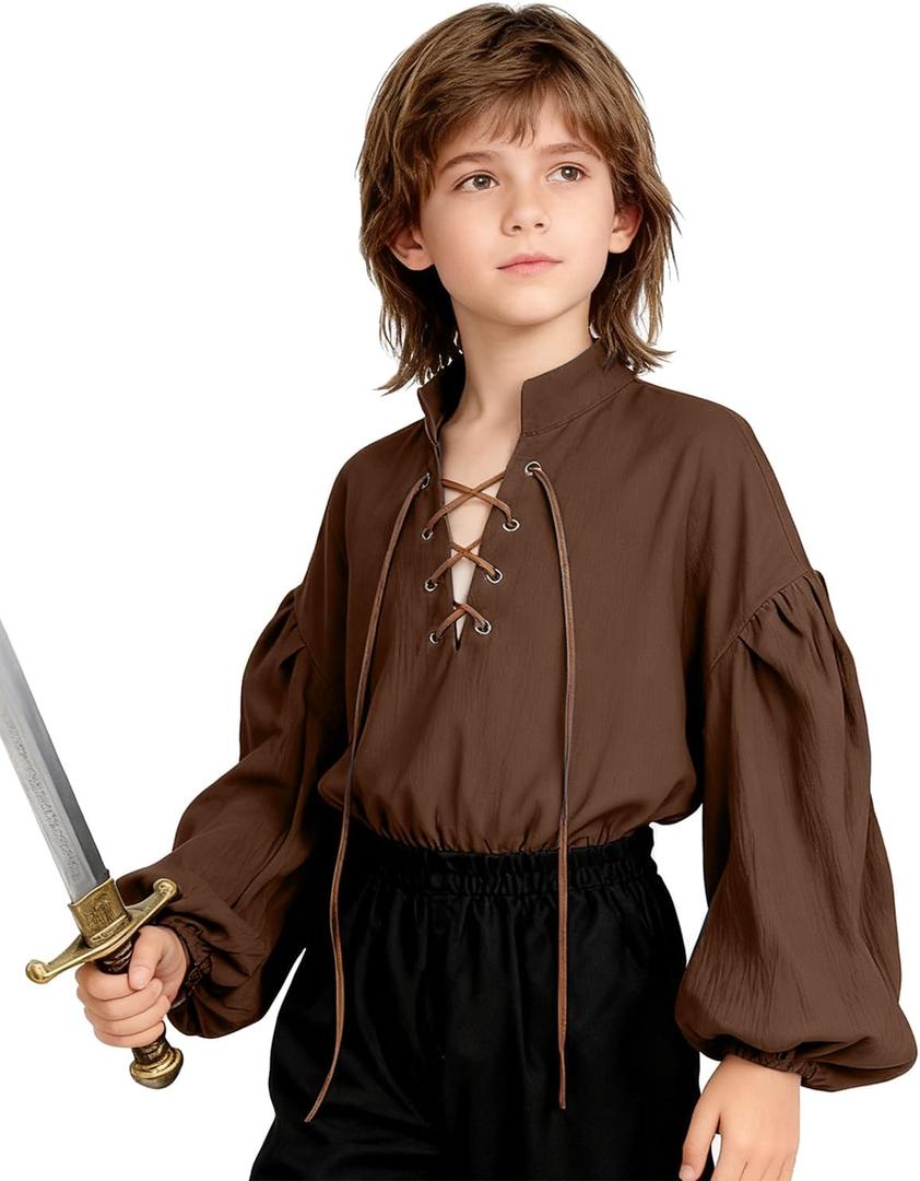 L'VOW Medieval Boys Shirt Renaissance Kids Lace-up Pirate Shirts Retro Viking Colonial Costume Top (Brown, XXL)
