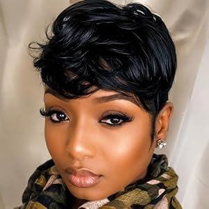 MOONSHOW Short Human Hair Wigs for Black Women Pixie Cut Wig Human Hair Black Short Curly Wigs Human Hair Wigs with Bangs Pixie Cut Wigs for Black Women Black Curly Wig