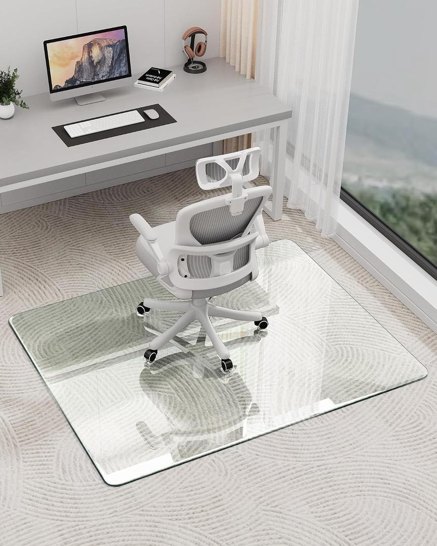 Office Chair Mat for Carpet, Tempered Glass 36"× 45" Heavy Duty Hard Carpet Protector Mat, Non-Slip Desk Floor Mat for Low Pile Carpet, Ideal for Home, Office, Gaming Room