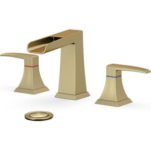 Bathroom Faucets for Sink 3 Holes, Brushed Gold Bathroom Faucet, 8 Inch Widespread & Waterfall Bathroom Faucet with Stainless Steel Pop Up Drain and cUPC Lead-Free Hose (Brushed Gold)
