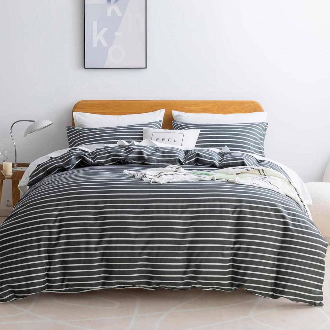 JELLYMONI 100% Natural Cotton 3pcs Striped Duvet Cover Sets, Dark Grey with White Stripes Pattern Printed Comforter Cover, with Zipper Closure & Corner Ties(Queen Size)