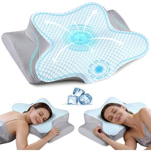 Cervical Neck Pillow for Pain Relief - Ergonomic Side Sleeper Pillow for Neck Support, Contour Orthopedic Cervical Pillow for Sleeping, Cooling Memory Foam Pillows for Back Stomach Sleepers (Blue)