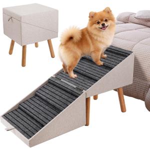 Dog Ramp for Bed & Couch, 21.06 inches High Dog Stairs for Large/Medium/Small Doggie, Foldable 2 in 1 Wooden Pet Steps for Puppy Older and Injured Dogs, Split Ottoman Design, No-Slip Surface (Apricot)