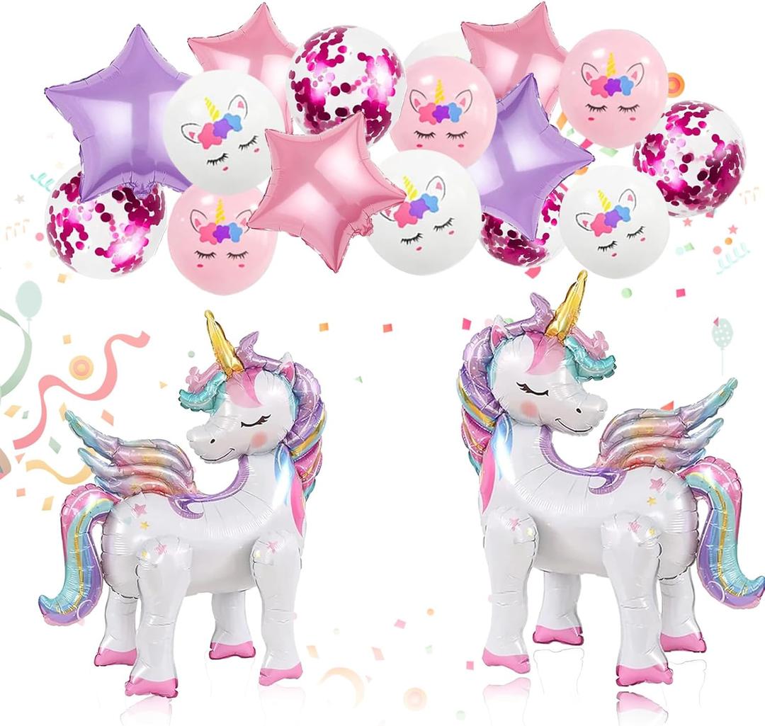 16 Pcs Unicorn Balloons Kit for Birthday Party Decorations - 2 Self Standing 3D Foil Unicorns, 4 Stars & 10 Printed Latex with Tying Tool (No Helium Needed) (White, Pink, Purple)
