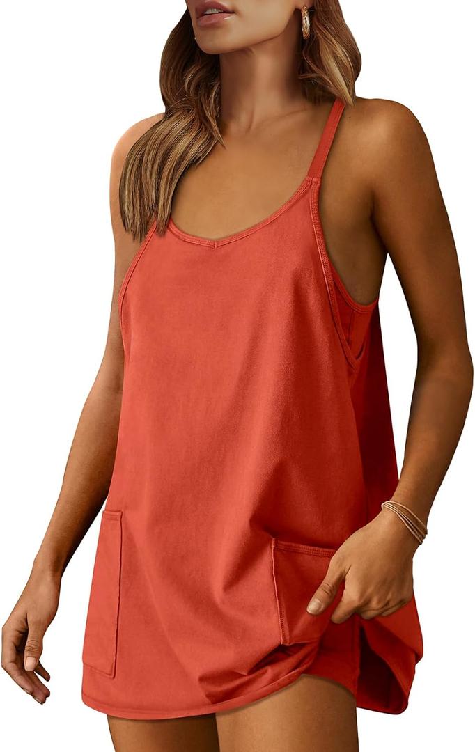 ANRABESS Women Athletic Dress Summer Tennis Workout Active Sports Mini Romper Dress Built in Shorts Travel Vacation Clothes (Medium, Red)