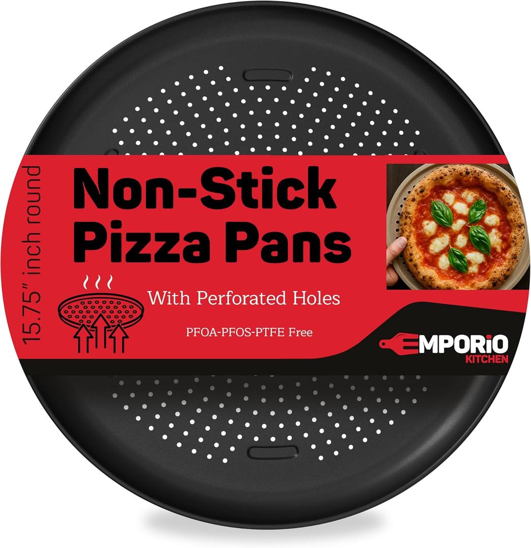 Pizza Baking Pan - 15.75-Inch Round Perforated Carbon Steel Tray with Non-Stick Coating, Dishwasher Safe, Oven Safe (Up To 450 F), Airflow Design, PFOA, PFOS, PTFE Free, Gray