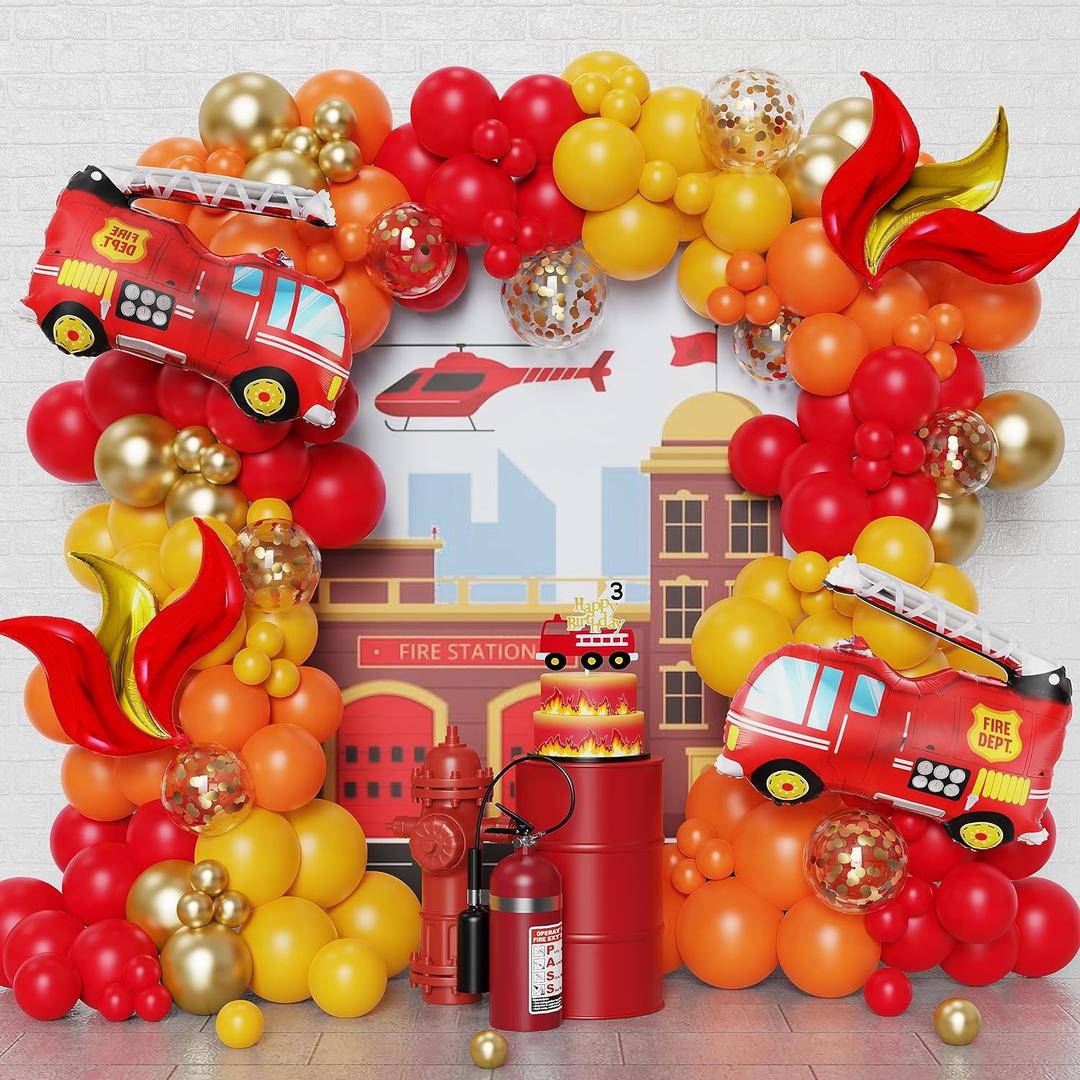 Fire Balloon Garland Arch Kit, 144pcs Red Yellow Chrome Gold Balloons with Fire Truck Foil Balloons for Fireman Party Supplies Birthday Firefighter Rescue Themed Party Decoration (Fire)