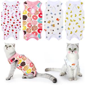 4 Pieces Cat Recovery Suits Body Wraps Breathable Kittens Recovery Clothes for Cats Small Dogs Abdominal Weaning(Banana, Football, Strawberry, Donut,XL)