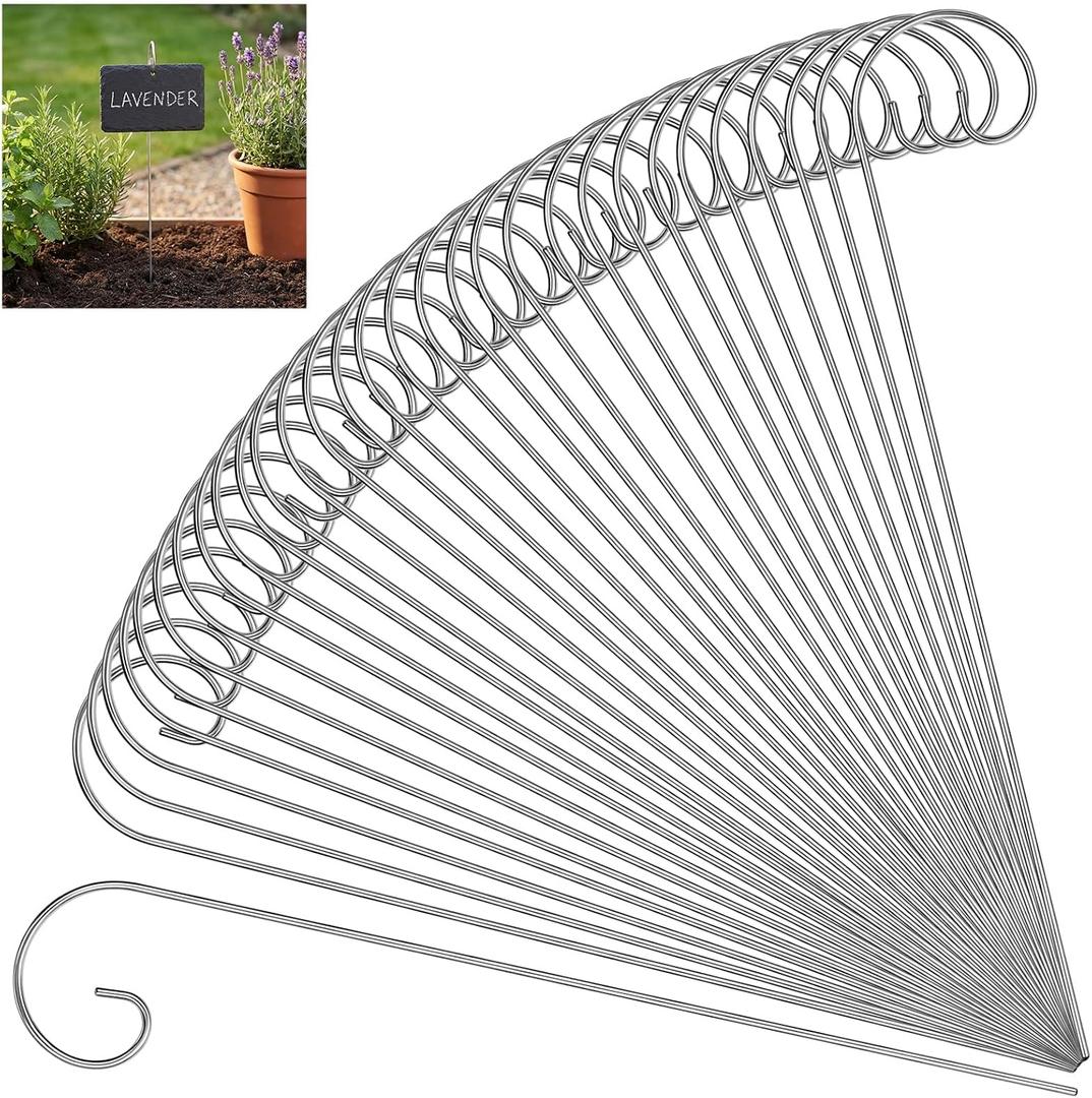 Hotop 30 Pcs Silver Plant Label Hooks, 20cm Garden Label Markers Hanger Rustproof Deformed Plant Sign Stake Metal Garden Sign Hanging Rods for Flower Planter Container Accessories