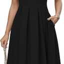 Womens Summer Collared V Neck Midi Dress Business Casual Semi Formal Short Sleeve Wedding Guest Party Dresses Pleated Elegant Classy A-line Cocktail Long Dress for Women Trendy 2025 Black L