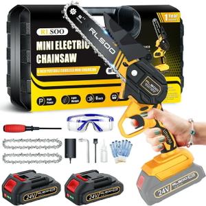 RLSOO Mini Chainsaw 6 Inch Cordless, Battery Powered Electric Chainsaw with 2 Batteries and 3 Chains, Mini Chain Saw for Tree Trimming Wood Cutting