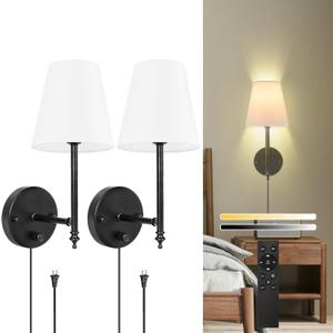 14.1 inch Wall Sconces Set of Two with Remote Control, Dimmable, Adjustable Colors 2700-6500K, Plug in Wall Sconces with White Fabric Shades, Plug in Wall Light, Black