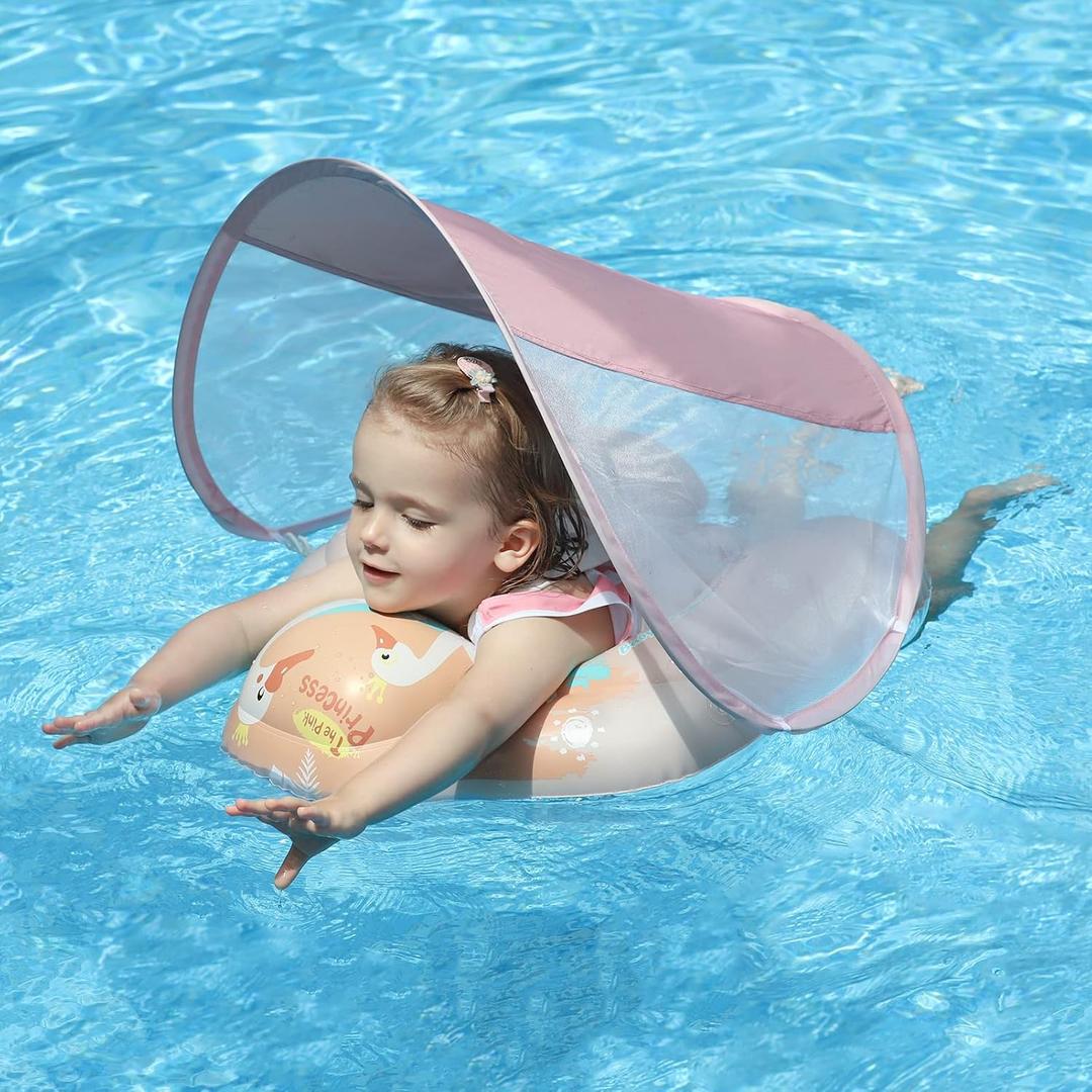 Free Swimming Baby Inflatable Baby Swim Float with Sun Canopy Size Improved Infant Pool Floaties Swimming Pool Toys for The Age of 3-36 Months (Pink, Large)