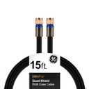 GE RG6 Coaxial Cable, 15 ft. F-Type Connectors, Quad Shielded Coax Cable, 3 GHz Digital, In-Wall Rated, Ideal for TV Antenna, DVR, VCR, Satellite, Cable Box, Home Theater, Black, 33732
