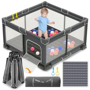 Foldable Playpen for Babies and Toddlers, 50x50 Inches Portable Playpen, Kids Collapsible Play Pen with 2 Handlers, Indoor & Outdoor Baby Fence Play Area with Visible Mesh, Dark Gray