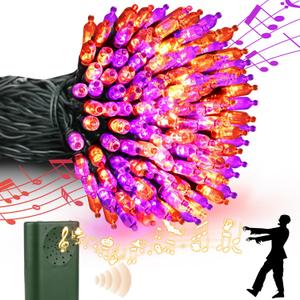 Halloween Lights 33ft 100 LED Battery String Lights with Motion Sensor Spooky Music or Battery Powered Orange & Purple 2 Colors in 1 Halloween Indoor Outdoor Decor