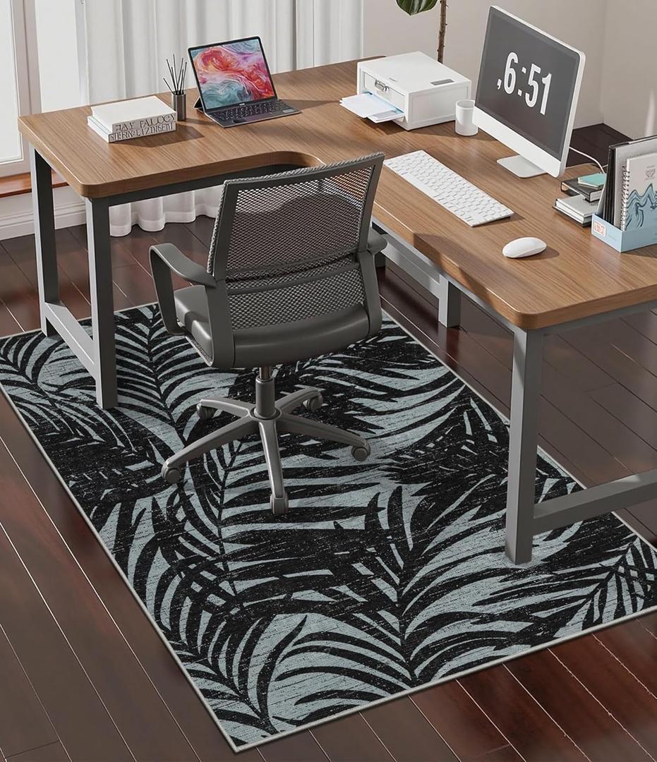 chakme Office Chair Mat for Hardwood Floor, 48"x36" Easy Glide Computer Desk Mat Protector for Rolling Chair Under Desk Rug Nonslip Backing, Machine Wash (Black Gray Leaf)