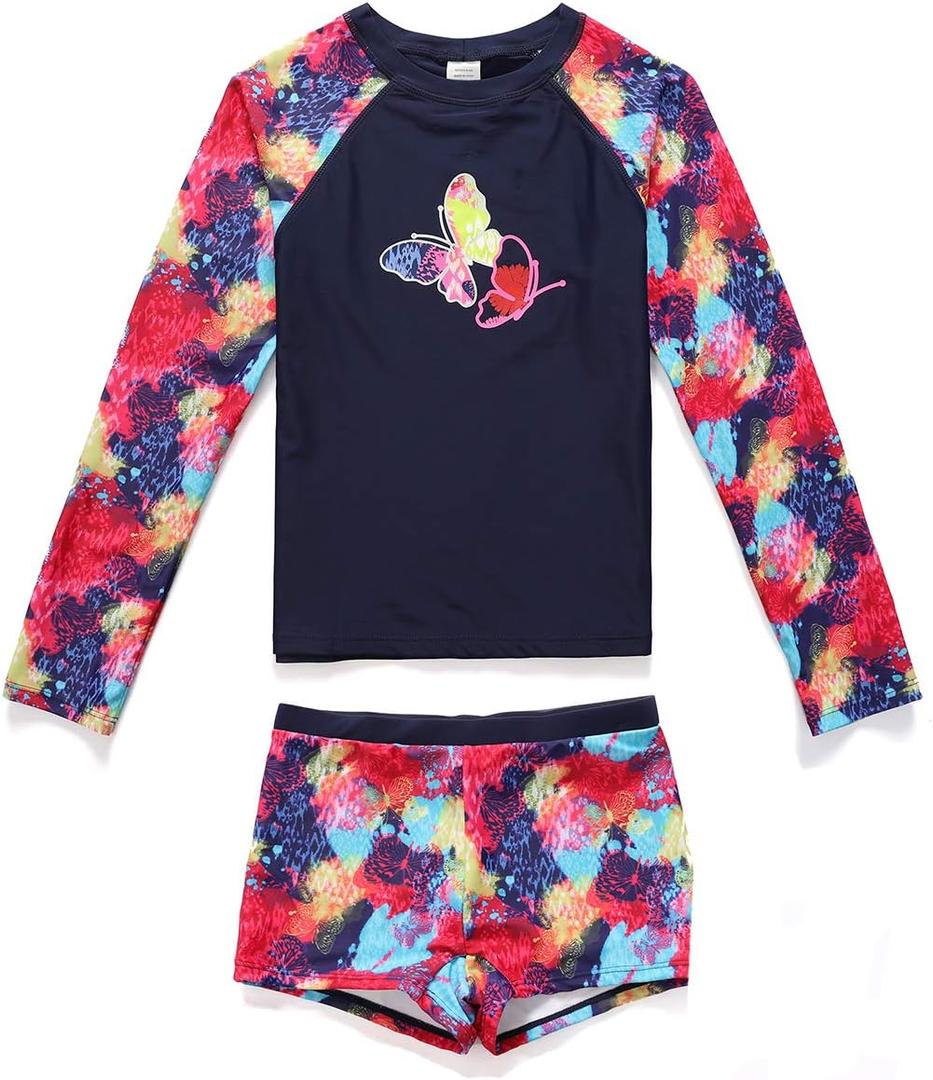 PHIBEE Girls' Rash Guard Set Long Sleeve UPF 50+ Sun Protection Two-Piece Swimwear