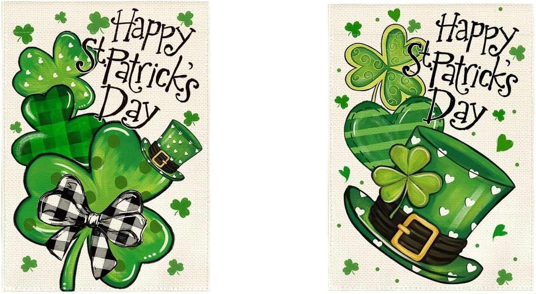 AVOIN colorlife Happy St Patricks Day Garden Flag 12x18 Inch Double Sided Outside, Shamrock Lucky Clover Hat Yard Outdoor Flag Set of 2