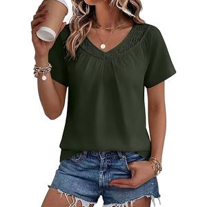 Falechay Women's Shirts Loose Fit Pleated Babydoll Blouses V Neck Pintuck Sleeve Shirt Elegant Comfort Fit Summer Fashion Clothes Peasant Tunic Top Army Green L
