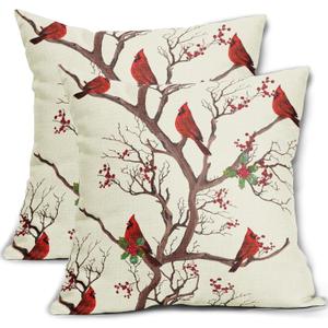Red Winter Bird Pillow Covers 18x18 Set of 2 Rustic Christmas Bird Branches Leaf Print Decorative Outdoor Pillowcases Rustic Farmhouse Throw Cushion Case Decor for Couch Sofa Bed