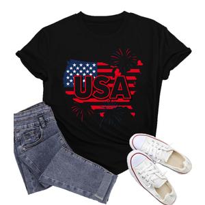 Wlen 4th of July Shirts for Women USA T-Shirt American Flag Patriotic Tee Tops (Black, L)