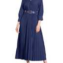 Allegra K Dressy Casual Pleated Dress for Women's 3/4 Sleeves Collared V Neck Empire Waist Belted Maxi Dress Medium Dark Blue, Size: M