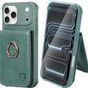 VANAVAGY Compatible for iPhone 17 Pro Max Wallet Case with RFID Blocking Card Holder, [Screen Protector] PU Leather Shockproof Case Magnetic Clasp Ring Kickstand Phone Cover for Women Men,Forest Green