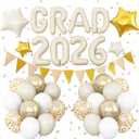 Graduation Decorations 2026 White Gold, GRAD 2026 Foil Balloons Banner with Nude White Gold Confetti Balloon Star Balloon Pennant Banner for Class of 2026 Graduation High School College Party Supplies