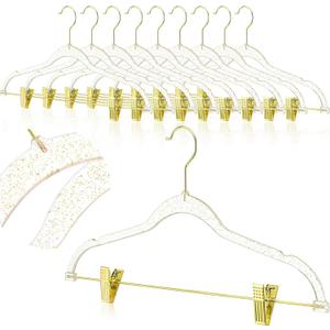 10pcs Clear Gold Hangers with Clips,17" x 8"Acrylic Glitter Hangers with Non Slip,Plastic Skirt Pants Storage and Organizer for Clothes,Trousers,Skirt,Jeans