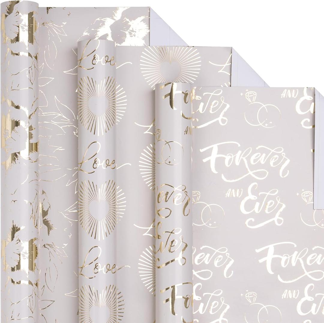 LeZakaa Gold Wedding Wrapping Paper Roll, Gold Flower, Love Heart, Ring & Forever and Ever Lettering Design for Wedding, Engagement, Bridal Shower, Anniversary, Mini Roll, 17 x 120 inches, 3 Rolls