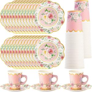 Domensi 60 Pieces Tea Party Decorations Include 30 Pcs 9 oz Paper Cups with Handle and 30 Pcs Tea Party Paper Plates Disposable Blossom Teacups and Saucers for wedding Favors(Elegant)