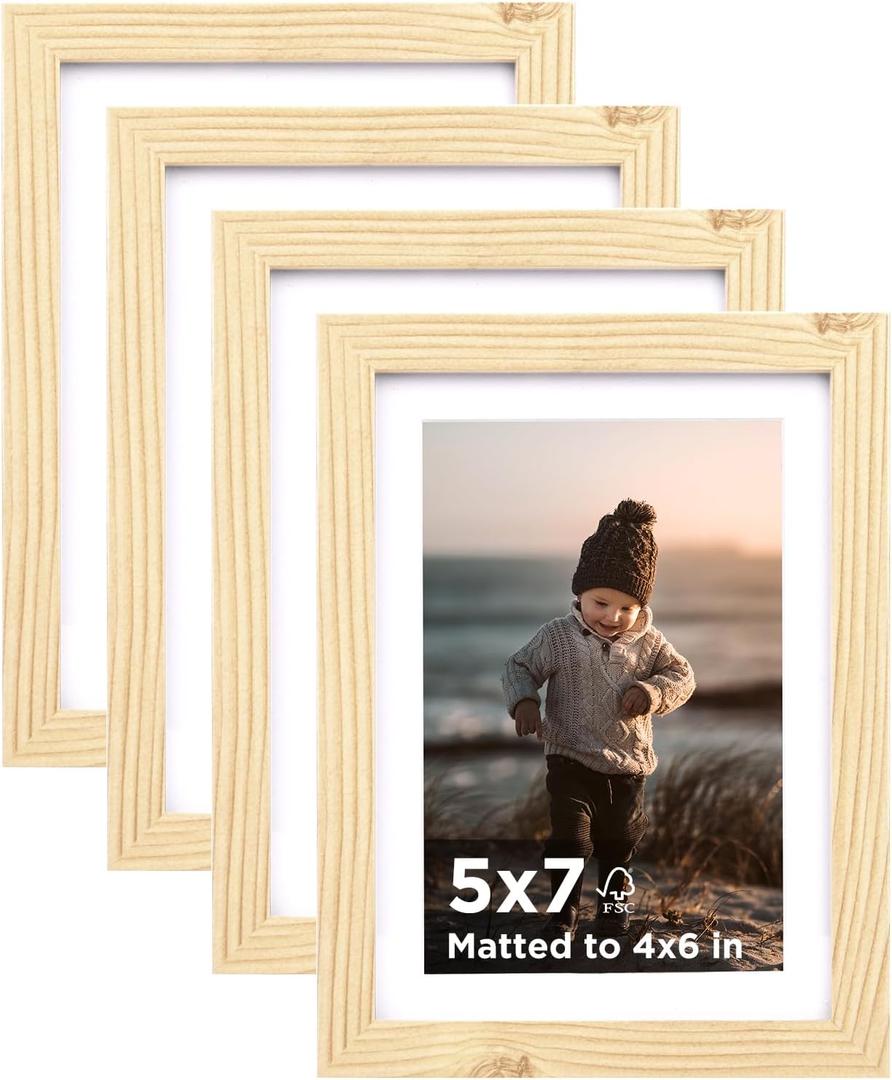 KINLINK 5x7 Picture Frame Wood Grain Set of 4, Wooden Photo Frames Matted 4x6 with Plexiglass for 4x6 with Mat or 5x7 without Mat for Table and Wall Display