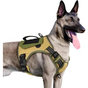 WINGOIN Tactical Dog Harness for Small Dogs, No Pull Harness with Handle 2 Pockets Poop Bag, Reflective Dog Vest, Military Service Heavy Duty Big Dog Harness for Walking Hiking Training (Khaki, S) (Khaqi&Green)