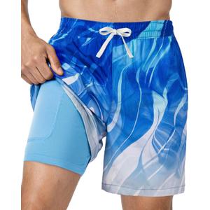 Men's Swim Trunks, 2 in 1 Board Shorts Swimsuit Quick Dry Beach Shorts with Pockets Compression Liner Bathing Suits (Blue, L)