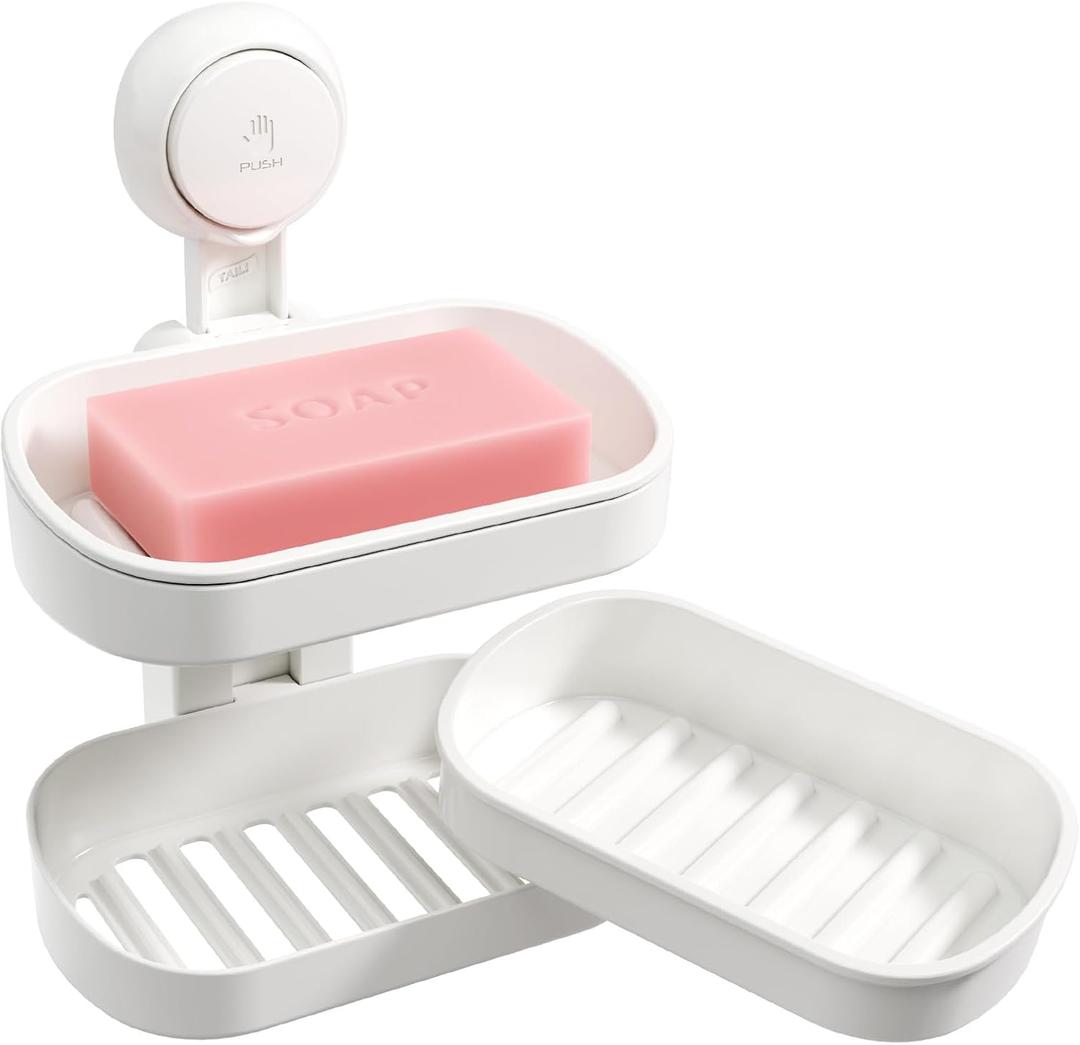 TAILI Double Layer Soap Dish Suction Cup Soap Holder, Strong Sponge Holder for Shower, Bathroom, Tub and Kitchen Sink, Drill-Free, Removable (5.8" * 3.7" 2 Tier, White)