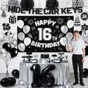 16th Birthday Party Decorations for Boys, Black White 16th Party Supplies with Hide The Car Keys Banner Black 16th Number Balloons Happy 16th Birthday Banner Cake Topper for Boys Girl Birthday Decor