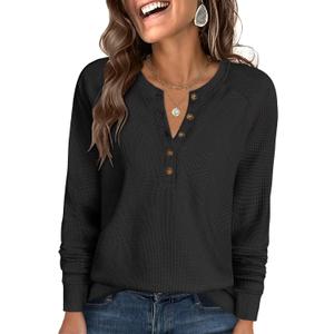 ANRABESS Women's Long Sleeve Waffle Knit Shirts Dressy Casual Loose Button Up V Neck Henley Tops 2025 Fall Basic Tee Blouse (Black) S