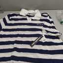 Karl Lagerfeld Men's Collared Striped Knit Short Sleeve Polo (Blue, XXL)