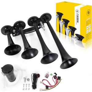 FARBIN 12V/24V Air Horn - 150DB 4 Trumpet Horns Super Loud with Electric Solenoid - Chrome Universal Horn for Truck, Car, Jeep, SUV, Train, Boat