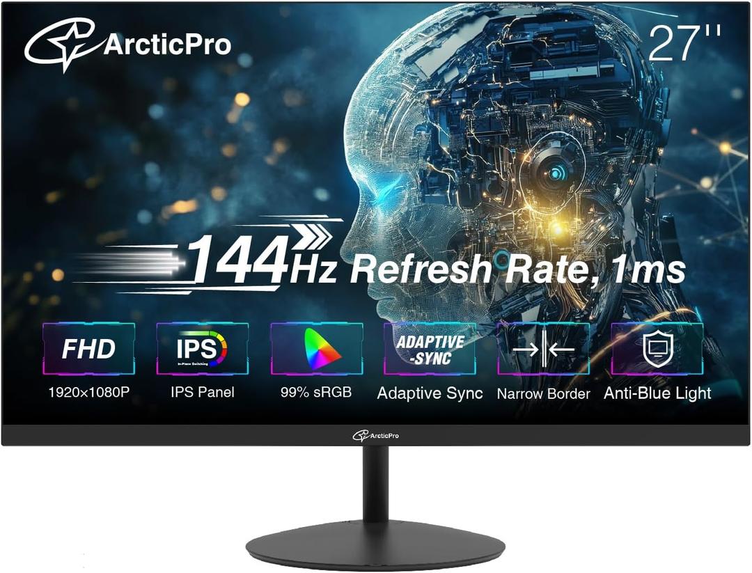 ArcticPro 27inch Computer Monitor, FHD 1080p, 144Hz Office and Gaming Monitor, IPS, Adaptive Sync, 110% sRGB, 1ms, 3-Sided Frameless, Ultra Slim, VESA Mountable, Anti-Blue Light Design, HDMI, DP