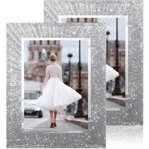 5x7 Picture Frame Glass 2 Pack, Sparkly Glitter Photo Frame 5 x 7 Mirror Crystal Wedding Gift Wall and Tabletop Display