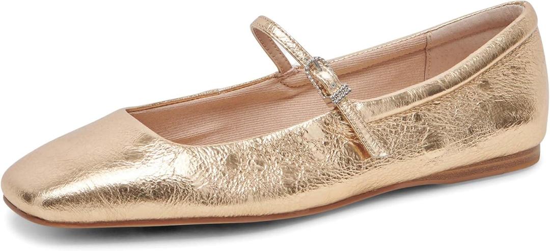 Mary Jane Ballet Flats for Women Casual Square Toe Slip On Flats Comfortable Ankle Buckle Strap Ballerina Shoes (9.5, Gold)