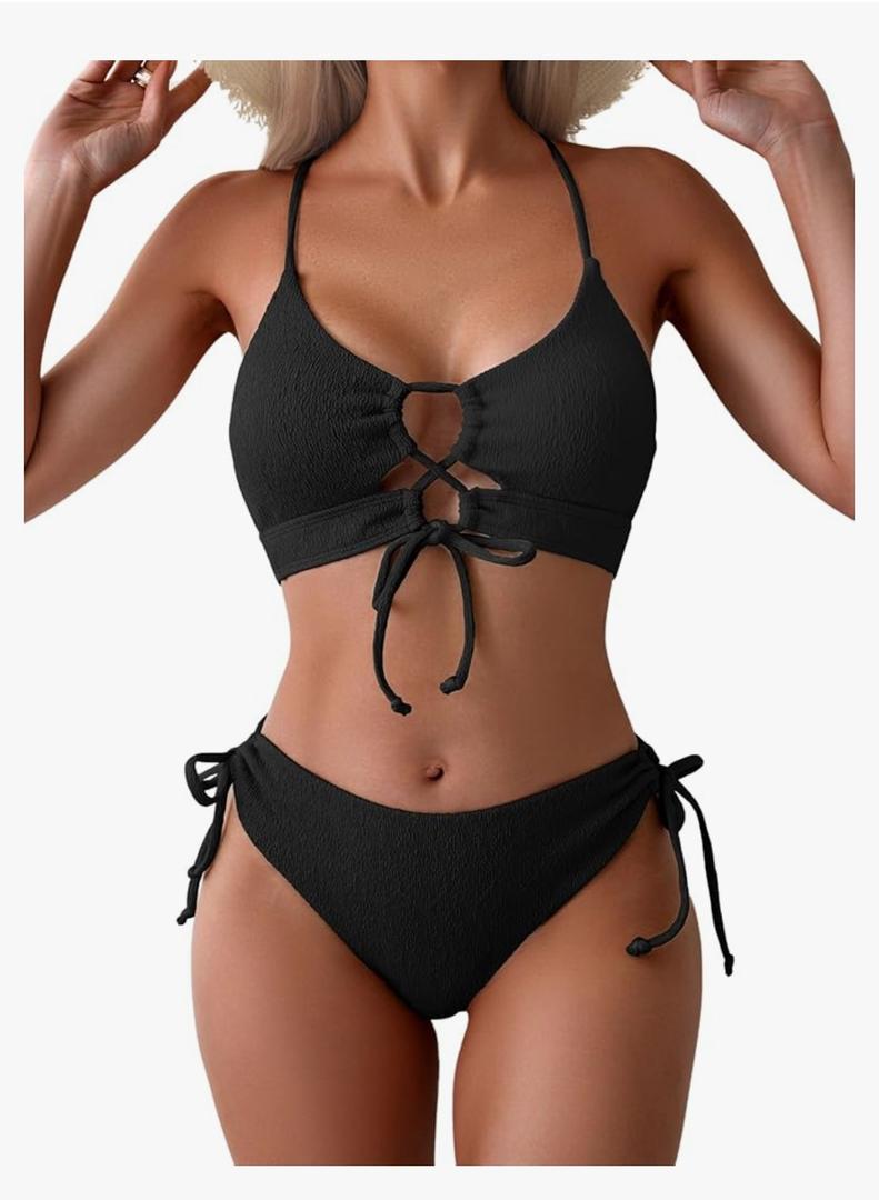 B2prity Women's Sexy Bikini Set Color Block Lace Up 2 Piece Bathing Suit Tie Side Swimsuit, Small