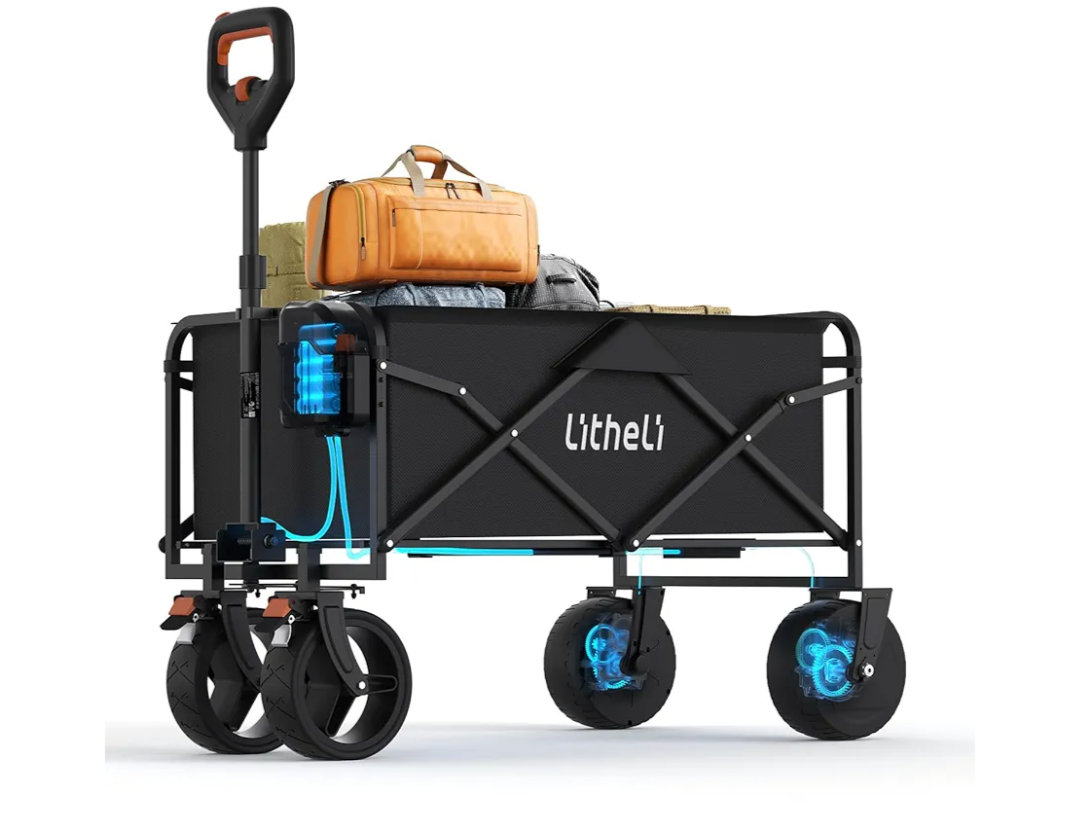 Litheli Electric Collapsible Wagon Cart Foldable, Portable Folding Wagon Cart with Wheels, Outdoor Lightweight Utility Carts for Beach Grocery Camping Shopping 60x23.5x82 cm,, Black 