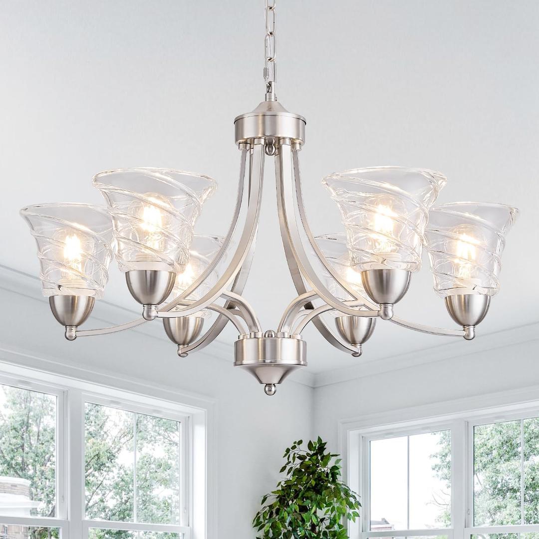 Modern Brushed Nickel Farmhouse Chandelier 6 Light Silver Chandeliers for Dining Room Adjustable Height Hanging Light Fixture with Clear Glass Shade,Pendant Light Fixture for Living Room Hallway Foyer Modern Brushed Nickel Farmhouse Chandelier 6 Light Silver Chandeliers for Dining Room Adjustable Height Hanging Light Fixture with Clear Glass Shade,Pendant Light Fixture for Living Room Hallway Foyer